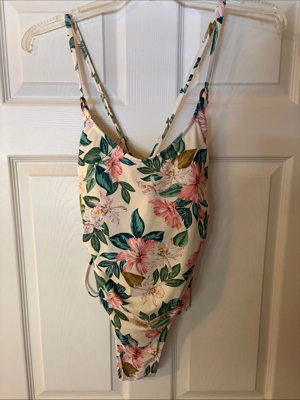 Cream Floral One-Piece Swimsuit with Pink & Green Hibiscus Print